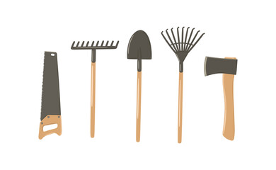 Gardening tools hand drawn vector illustration set. Garden equipment - shovel, rake, hand saw, hatchet