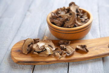 Dried button mushrooms, healthy food ingredient