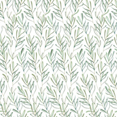 Naklejka na ściany i meble Seamless pattern with olive branches on white background. Watercolor illustration. Repeating element. Forms lines on repetition. Suitable for wedding parties, summer.
