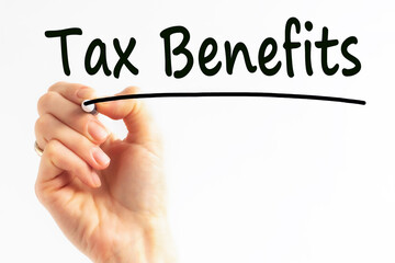 Hand writing tax benefits with marker. Isolated on white background. Business, technology, internet concept. Stock Image