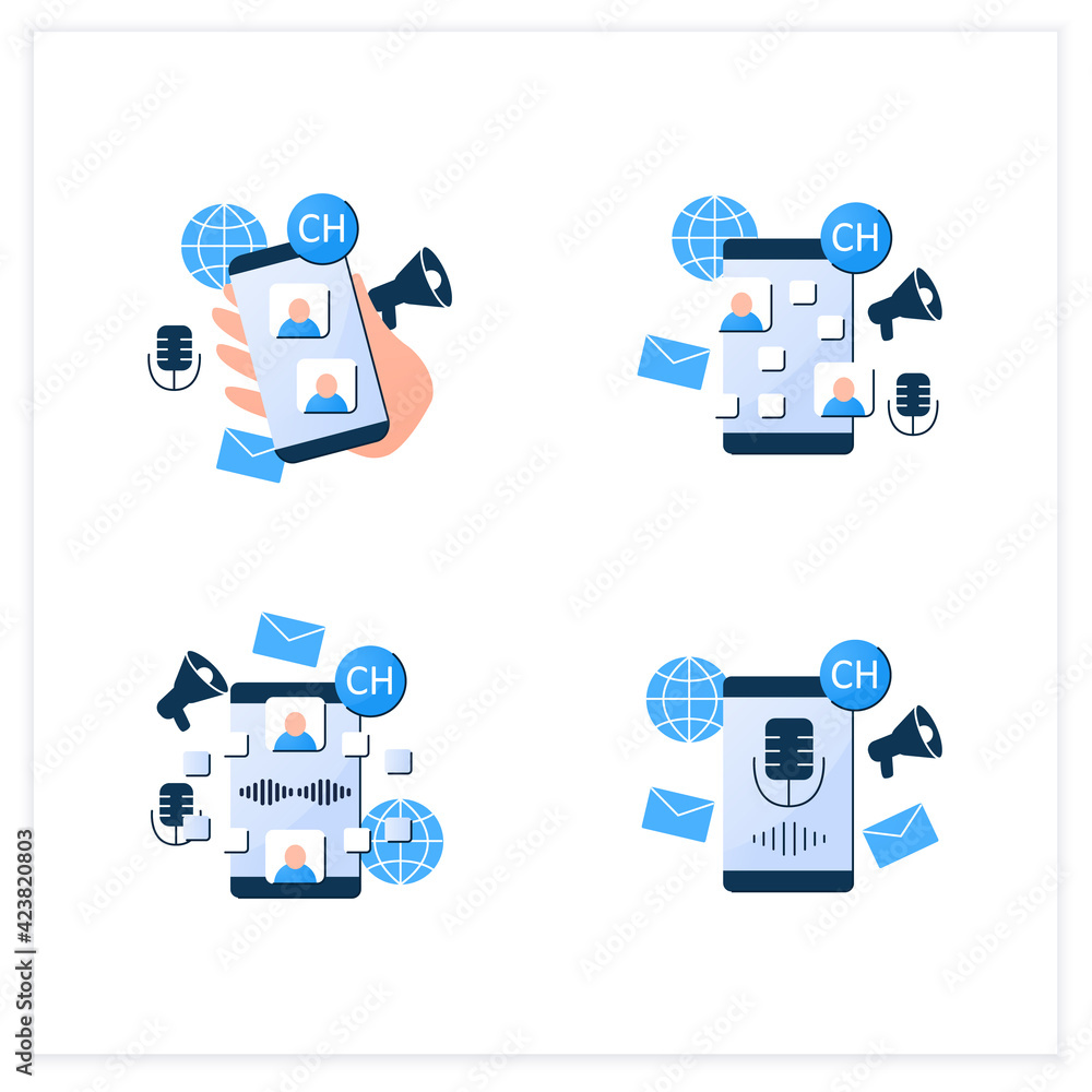 Poster drop in audio flat color icons set. communication application with friends.voice messaging, chat. vo