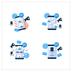 Drop in audio flat color icons set. Communication application with friends.Voice messaging, chat. Voice communication concept. 3d vector illustrations