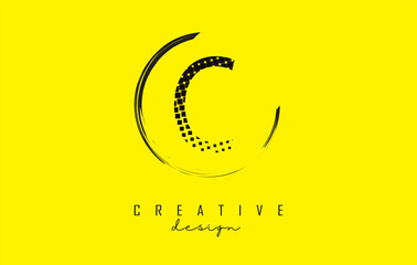 C letter logo design with black dots and circle frame on bright yellow background.