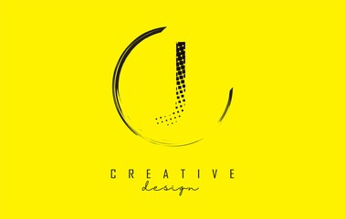 J letter logo design with black dots and circle frame on bright yellow background.