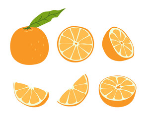 Fresh juicy oranges. Whole, halves, parts of tropical fruits. Set of vector illustrations in flat style isolated on white background.