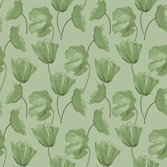 Hand-drawn gouache floral seamless pattern with the yellow poppy flowers on olive green  background, Natural repeated print for textile, wallpaper.