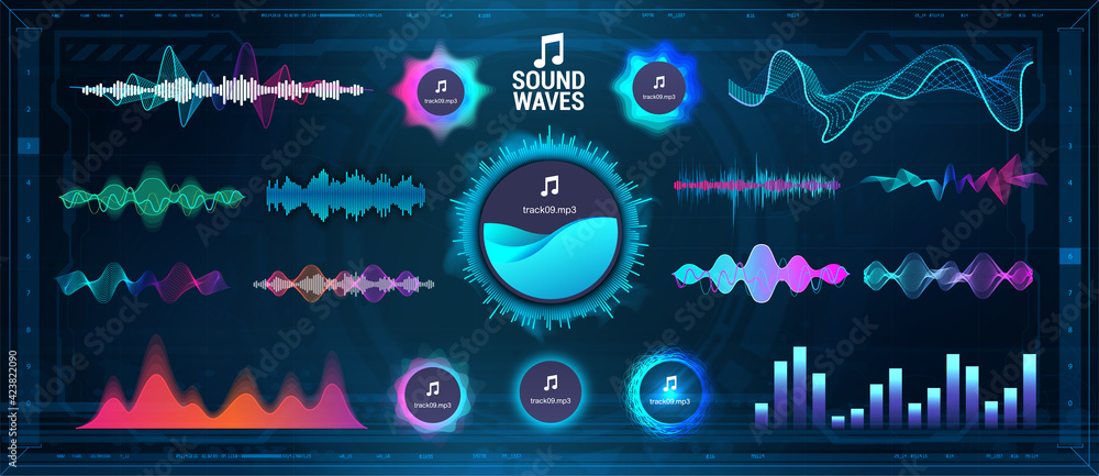 Fototapete Modern Sound Waves - Equalizer. Futuristic waveforms, circle UI and UX bars, voice graph signal and music wave in futuristic HUD style. Microphone voice and sound recognition. Vector audio waves set