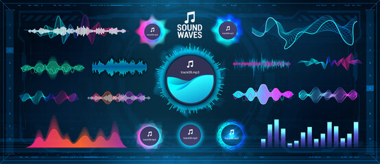 Modern Sound Waves - Equalizer. Futuristic waveforms, circle UI and UX bars, voice graph signal and music wave in futuristic HUD style. Microphone voice and sound recognition. Vector audio waves set - 423822090
