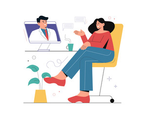 Psychologist online concept. Male psychotherapist helping patient. Vector flat cartoon illustration