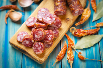 Slices of cured meat sausage