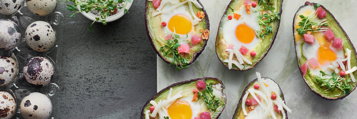 Keto diet dish: Avocado boats with ham cubes, quail eggs, cheese