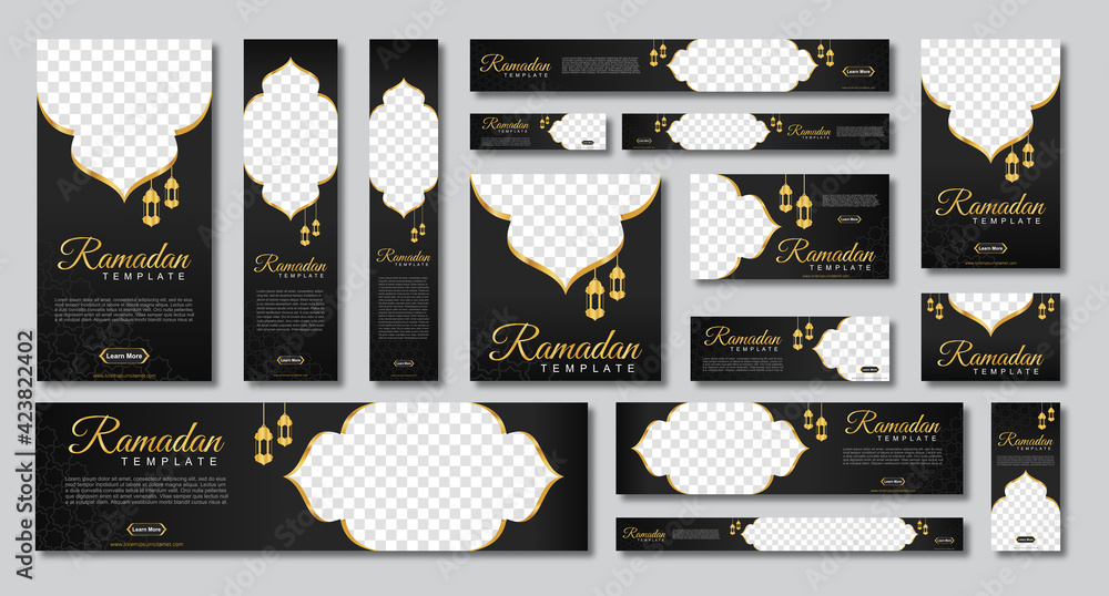 Poster set of ramadan web banners of standard size with a place for photos. ramadan template design. vector