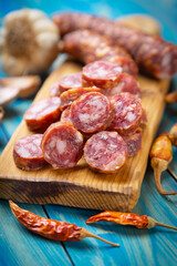 Slices of cured meat sausage