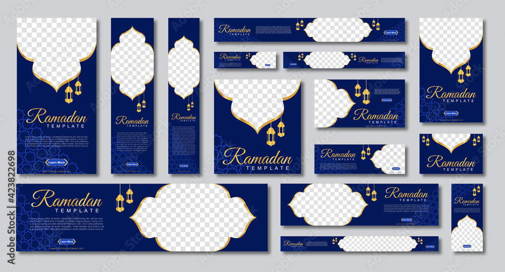 Poster set of ramadan web banners of standard size with a place for photos. ramadan template design. vector