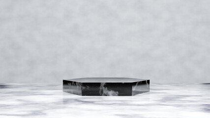 Premium marble podium. Geometry still life. Simplicity pedestal on the marble floor. Template for cosmetic. 3d rendering