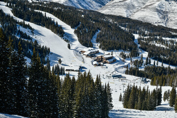 View to the mountain lodge from the top angle. Sunny day at Vail Ski resort, Colorado, USA