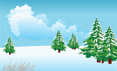 Vector illustration of forest in winter. The edge of the forest with fir trees and dry grass. Greeting card design.