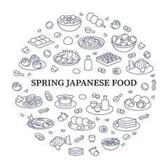Japanese food circle poster. Spring delicates. Tradition meal concept. Isolated vector template
