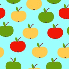 Seamless pattern. Red, green, yellow apples. Blue background. Vegan or vegetarian. Healthy lifestyle. Nature and ecology. Agriculture and gardening. Post cards, wallpaper, textile, wrapping paper