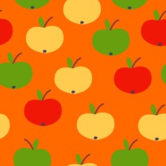 Seamless pattern. Red, green, yellow apples. Orange background. Vegan or vegetarian. Healthy lifestyle. Nature and ecology. Agriculture and gardening. Post cards, wallpaper, textile, wrapping paper