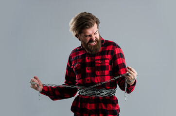 concept of diet. mature guy with beard and moustache. male hold chain. handsome hipster