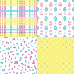 Happy Easter! Set of cute holiday backgrounds. Collection of colorful seamless patterns with traditional symbols.