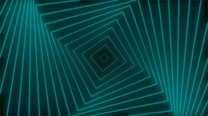 Loopable abstract digital neon geometric tunnel background. Futuristic sparkling pattern that moves forward with blue green colors on dark Technology and cyber concept with copy space