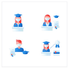 Fototapeta premium Graduation flat icons set. Professional development. Academic career, undergraduate student, graduation speech, ceremony. Studying concept. 3d vector illustrations