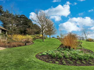 Scenic View of a Beautiful English Style Hyde Hall Garden with Green Lawn and blue sky, RHS garden, UK, 17 March 2020