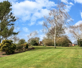 Fototapeta na wymiar Scenic View of a Beautiful English Style Hyde Hall Garden with Green Lawn and blue sky, RHS garden, UK, 17 March 2020