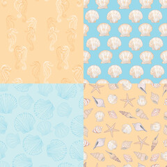 A set of marine and marine seamless patterns in orange and blue.