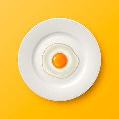 Vector 3d Realistic White Porcelain, Ceramic Plate and Fried Egg, Omelette Closeup on Yellow Background. Design Template for Mockup. Stock Vector Illustration. Top View