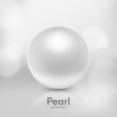 Vector 3d Realistic Beautiful Natural White Pearl Closeup Isolated on White Background with Reflection. Design Template for Graphics. Front View
