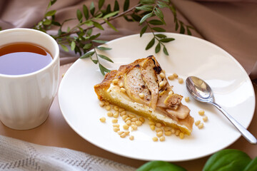 Breakfast with cottage cheese and pear pie with shortbread and tea