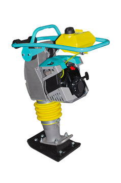 Trench rammer with a two-stroke engine for compaction of sand, gravel or hardcore in trenches and other spaces where space is limited ( isolated on a white background )