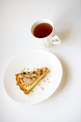 Breakfast with cottage cheese and pear pie with shortbread and tea