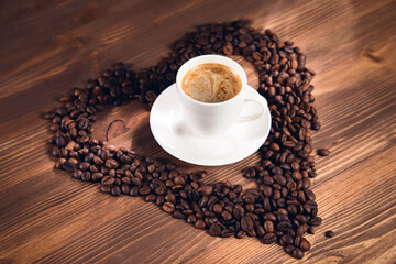 Coffee in coffee beans as a heart