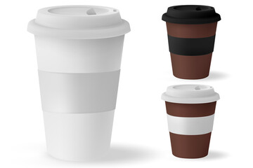 White mockup paper cup for hot coffee with black lid isolated on white background. Takeaway blank small tea cup for your design text or banner of brand.