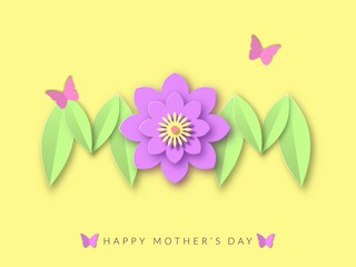 Mothers day floral best decoration poster. Greeting yellow holiday with pink paper cut flower and green leaves lettering spring congratulations loved one with purple fluttering vector butterflies.