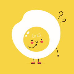 Cute funny Fried Egg with question marks. Vector hand drawn cartoon kawaii character illustration icon. Isolated on white background. Fried Egg think concept