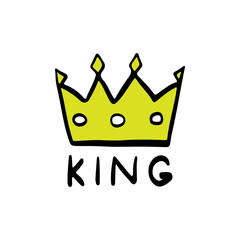 Crown icon. The text is king. Black outline linear sketch drawing. Vector simple flat graphic hand drawn illustration. The isolated object on a white background. Isolate.