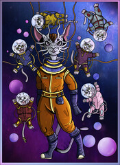 Cartoon cosmic characters, cute extraterrestrial animal and creature, cat cosmonaut  in astronaut costume with tentacles and big ears, and funny alien kittens in space suits, flying among the bubbles. © Lara_Coolart