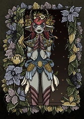 Fairytale cartoon character, girl flower princess with horns and big ears, with folded hands, with pigtails and flower wreath on a head, in suit with petals and patterns, stand in the flower arch.