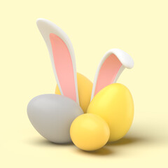 3d simple easter bunny rabbit hiding in eggs on yellow pastel background 3d illustration. Easter holiday concept.