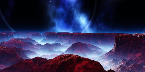 Alien landscape, martian landscape, glow on Mars, surface of another planet,, 3d rendering