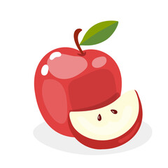Red apple isolated on white background in a cartoon style. Vector illustration.