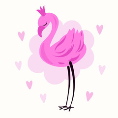 Pink flamingo with a crown staying on one leg. Premium vector.