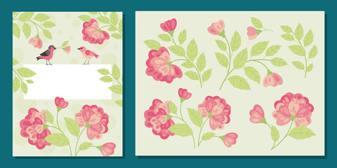 Flowers and birds - set flowers and frame, cover template for notebook, postcard, poster, banner. Vector collection