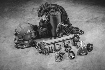 Military climber set. Mounts for storming buildings and rescuing hostages. SWAT concept.