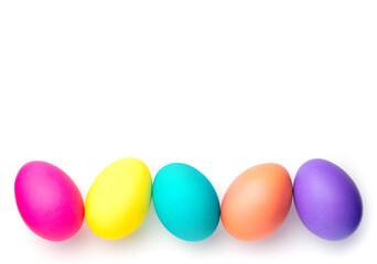 Multi-colored holiday eggs. Eggs on a white background for a postcard